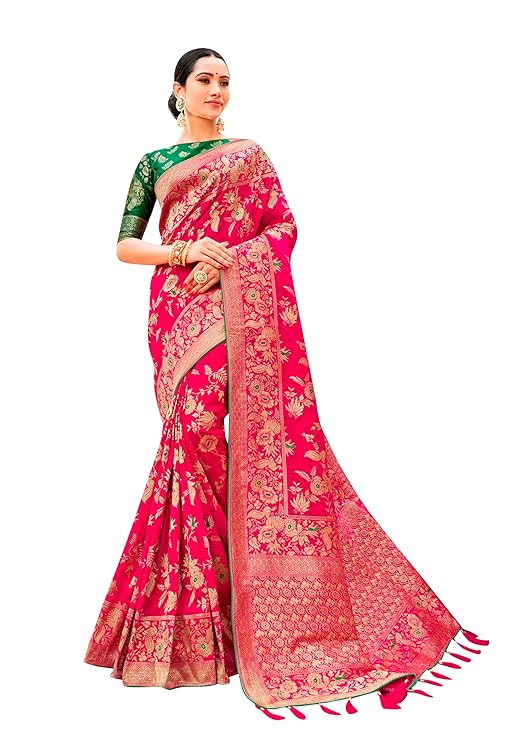 Women's Banarasi Silk Blend Woven Zari With Tussles Saree and Jacquard Woven Blouse