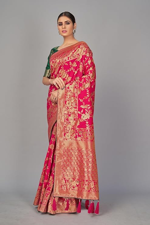 Women's Banarasi Silk Blend Woven Zari With Tussles Saree and Jacquard Woven Blouse