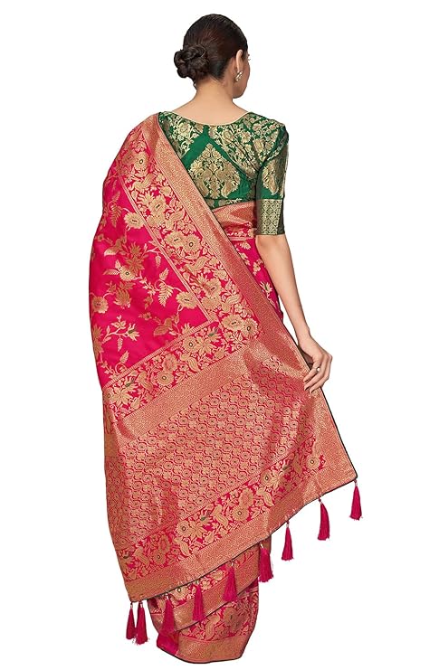 Women's Banarasi Silk Blend Woven Zari With Tussles Saree and Jacquard Woven Blouse