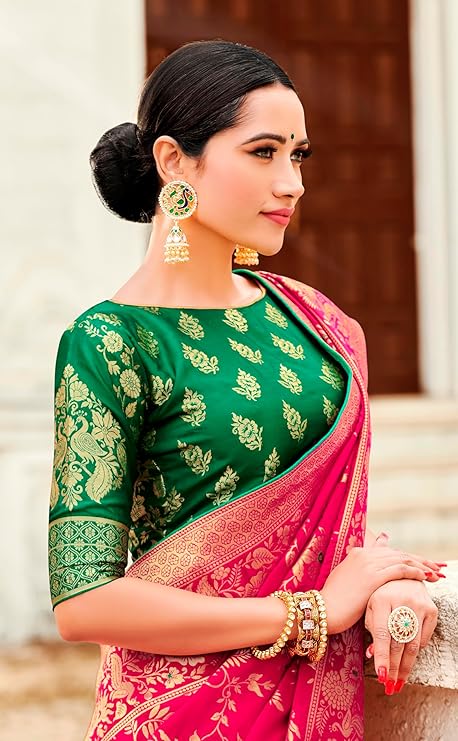 Women's Banarasi Silk Blend Woven Zari With Tussles Saree and Jacquard Woven Blouse