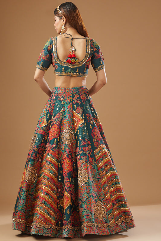 Blue Chanderi Embroidered Lehenga Set