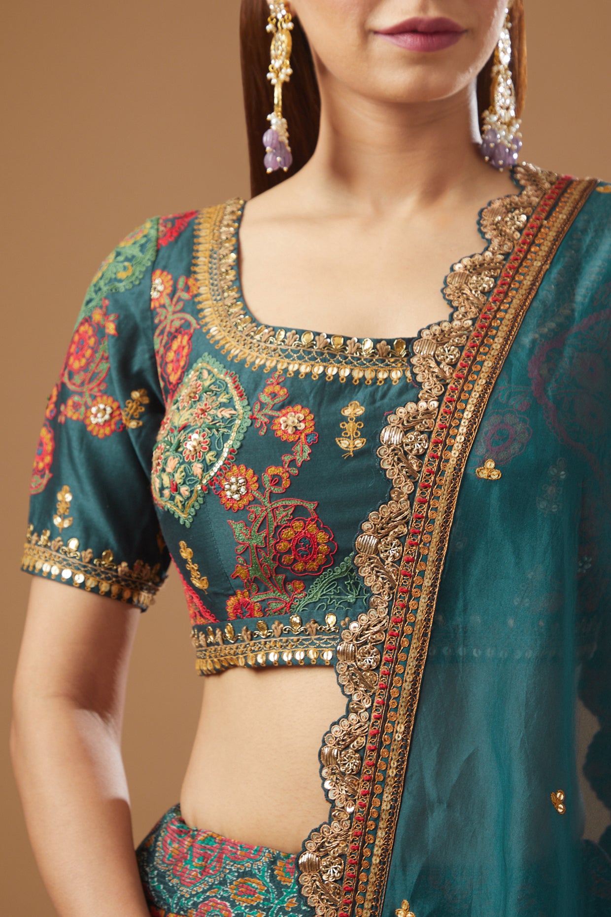 Blue Chanderi Embroidered Lehenga Set