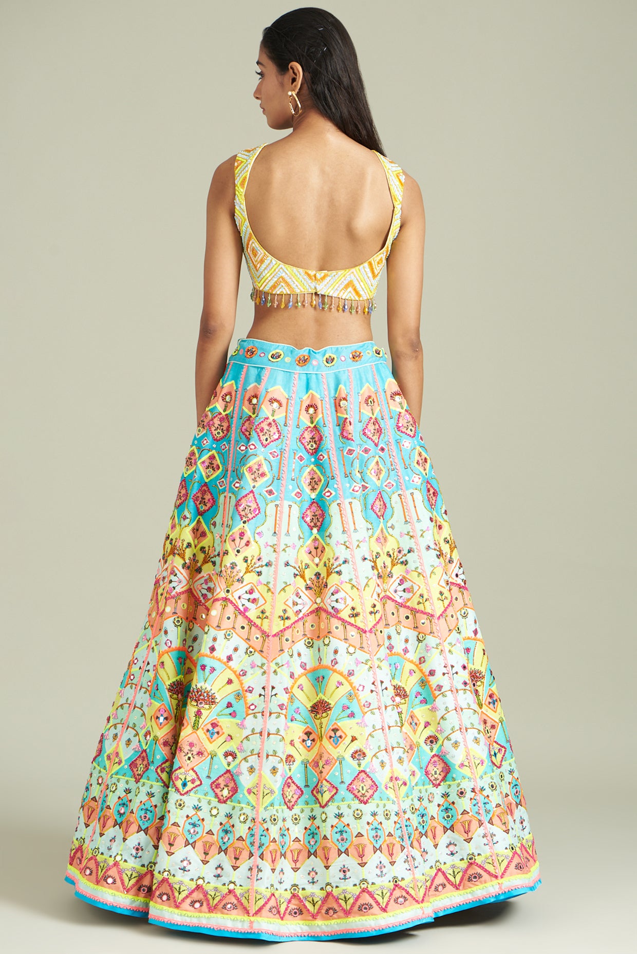 Multi-Colored Cotton Silk Printed & Embroidered Lehenga Set