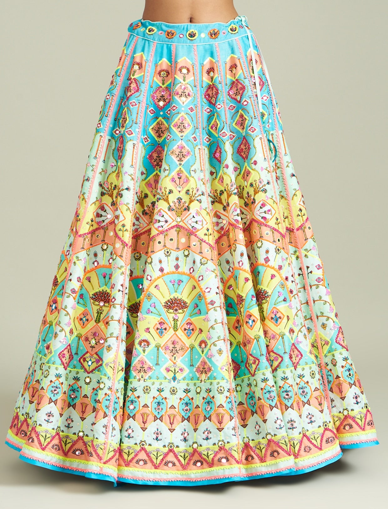 Multi-Colored Cotton Silk Printed & Embroidered Lehenga Set
