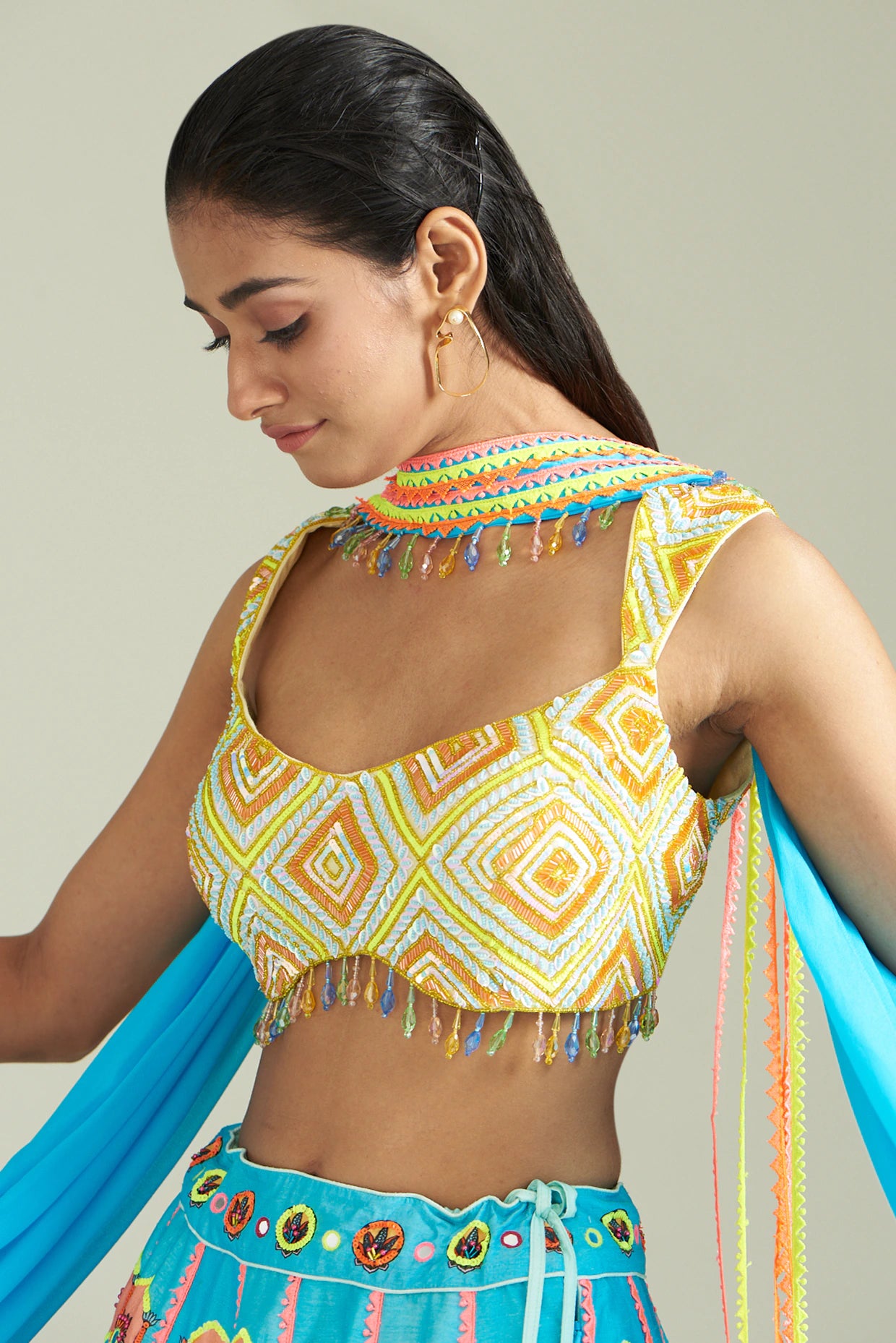 Multi-Colored Cotton Silk Printed & Embroidered Lehenga Set