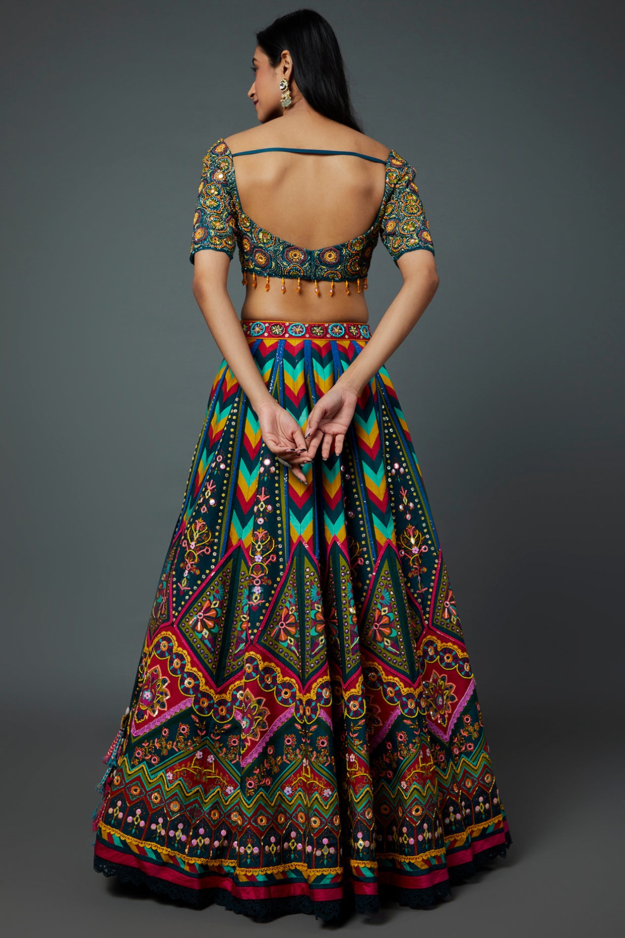 Teal Blue Raw Silk Printed & Embroidered Lehenga Set
