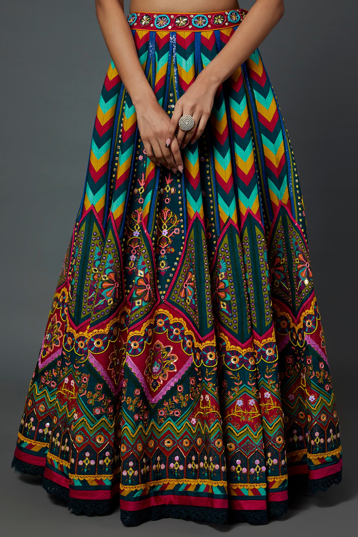 Teal Blue Raw Silk Printed & Embroidered Lehenga Set