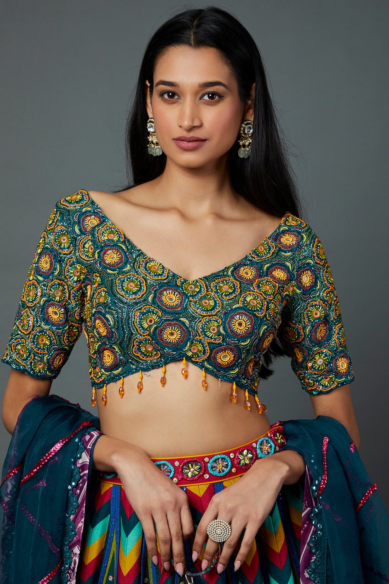 Teal Blue Raw Silk Printed & Embroidered Lehenga Set