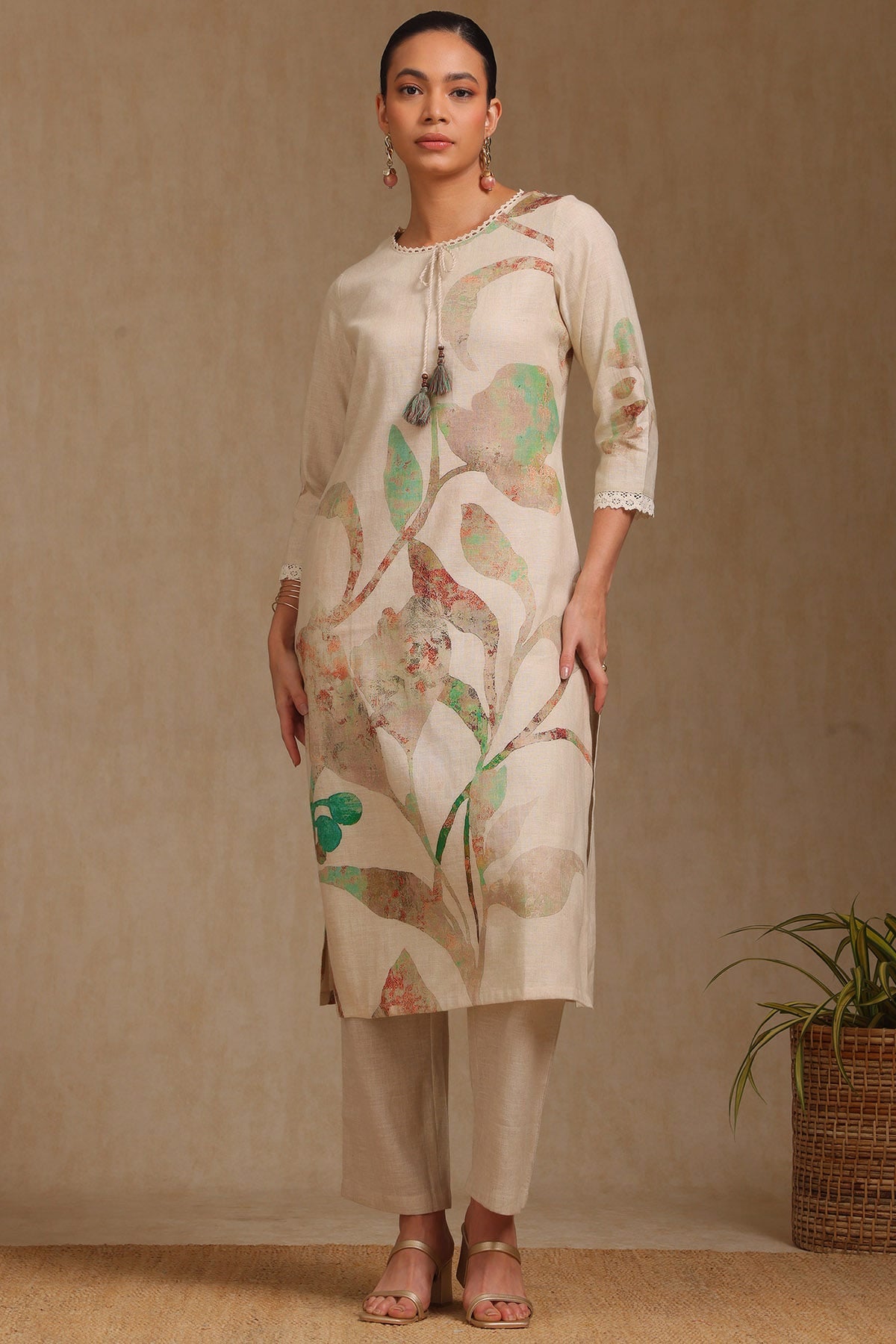 Beige Linen Botanical Print Kurta Set