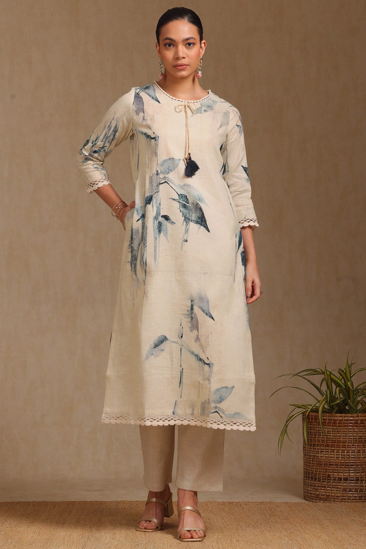 Beige Linen Botanical Print Kurta Set