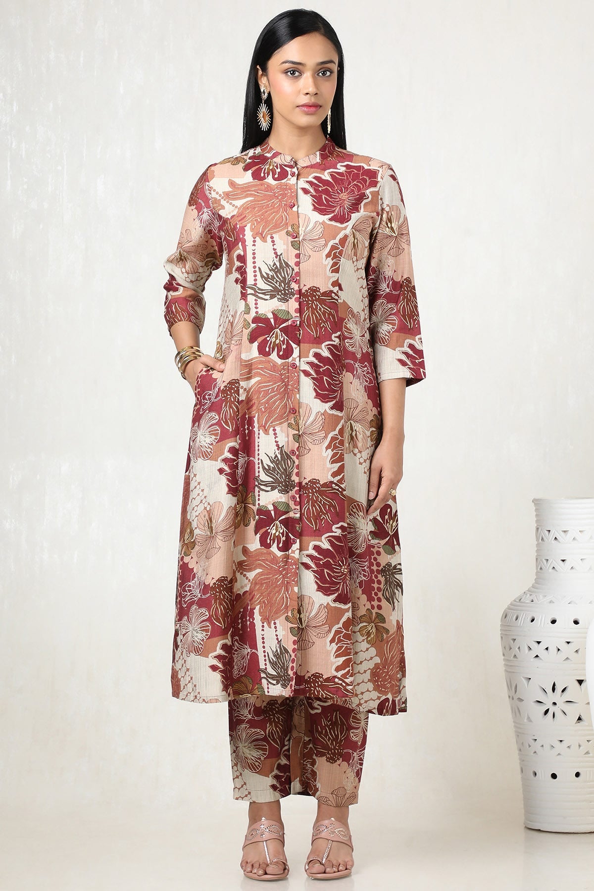 Beige Viscose Blend Floral Print Kurta Set