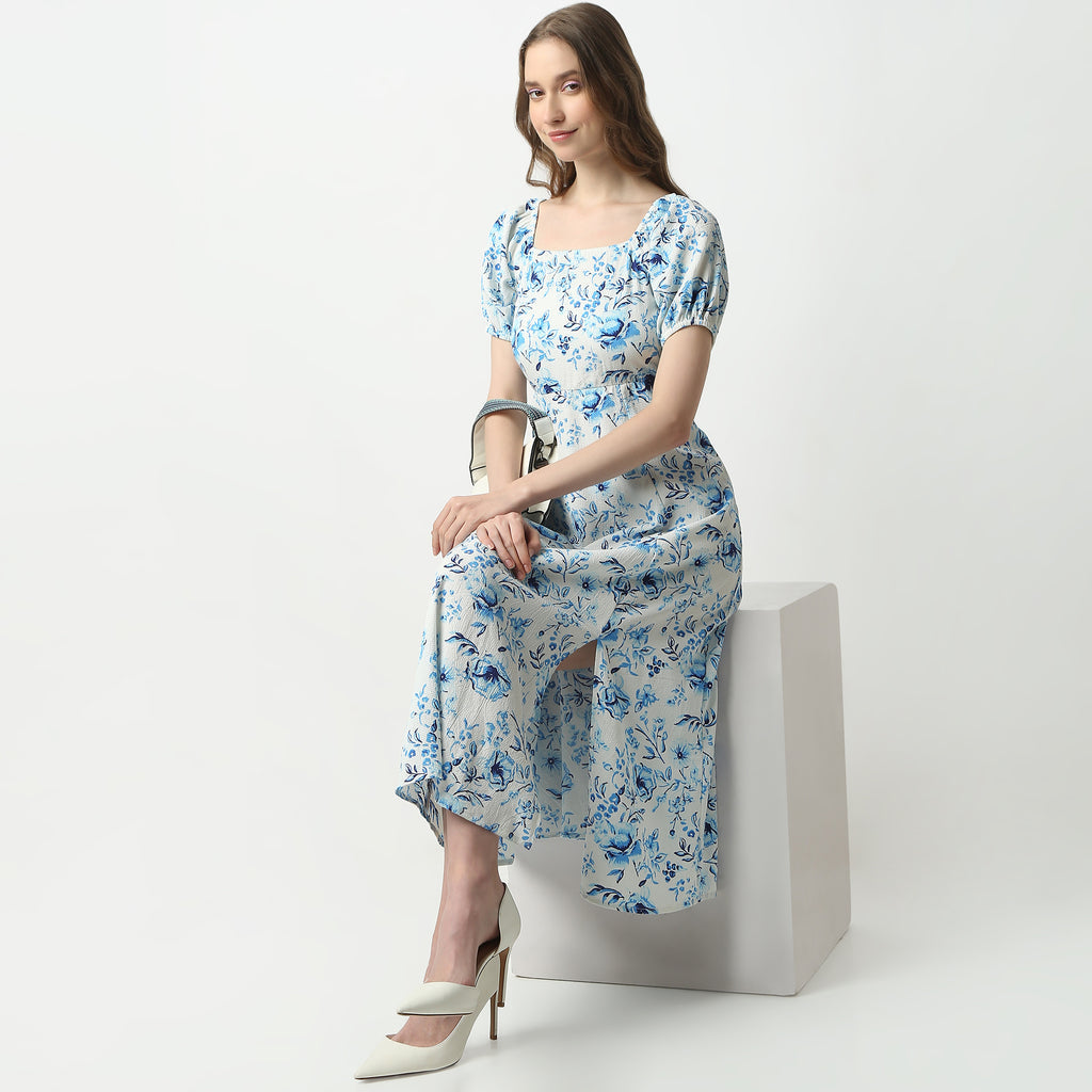 Flare Fit Printed Short Sleeve Square Neck Below Knee Betty Dress