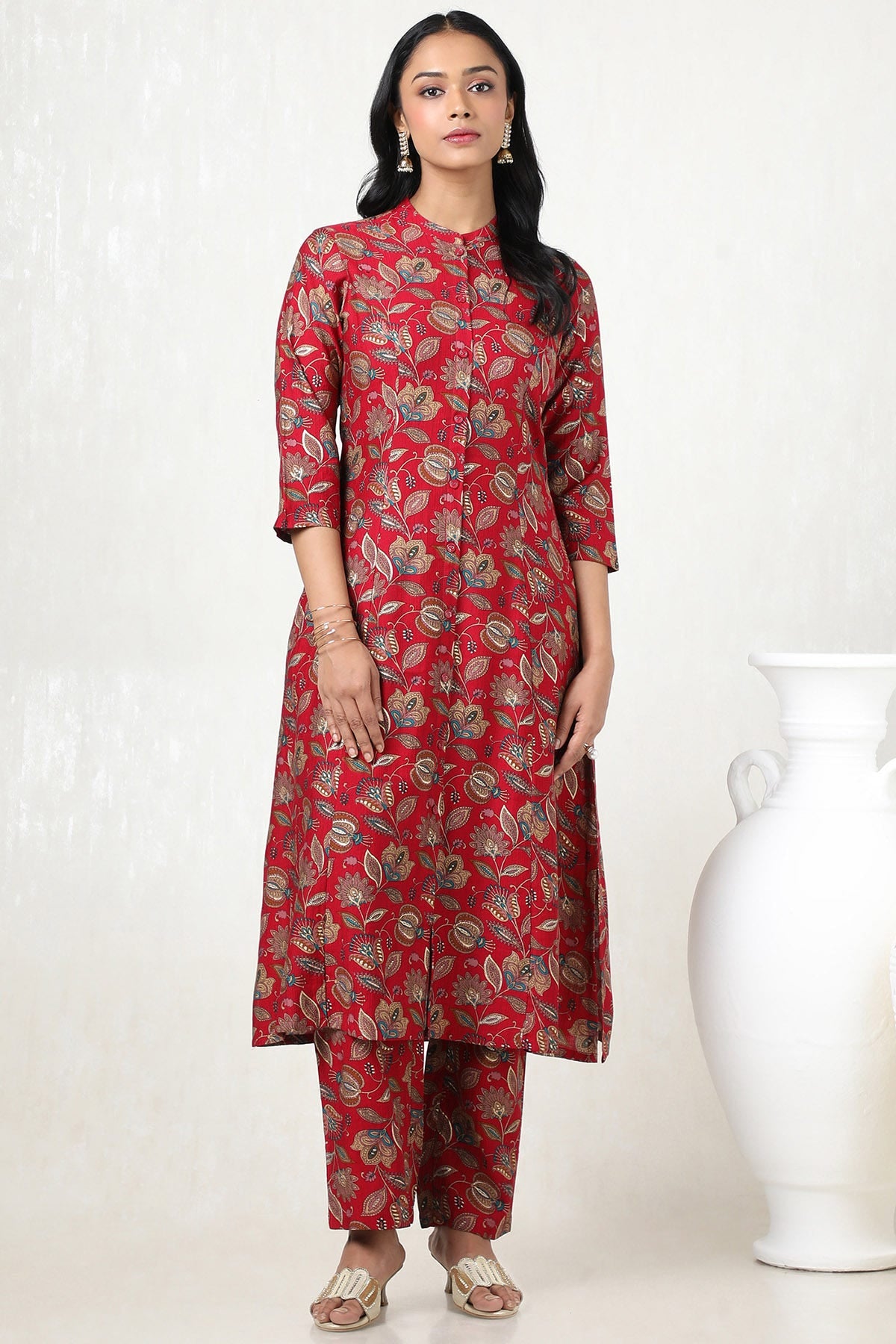 Fuchsia Viscose Blend Floral Print Kurta Set