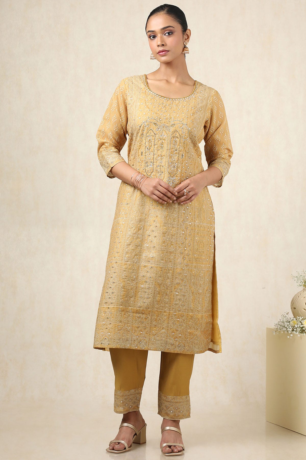 Gold Chanderi Silk Ethnic Printed Cutdana Embroidered Kurta Set