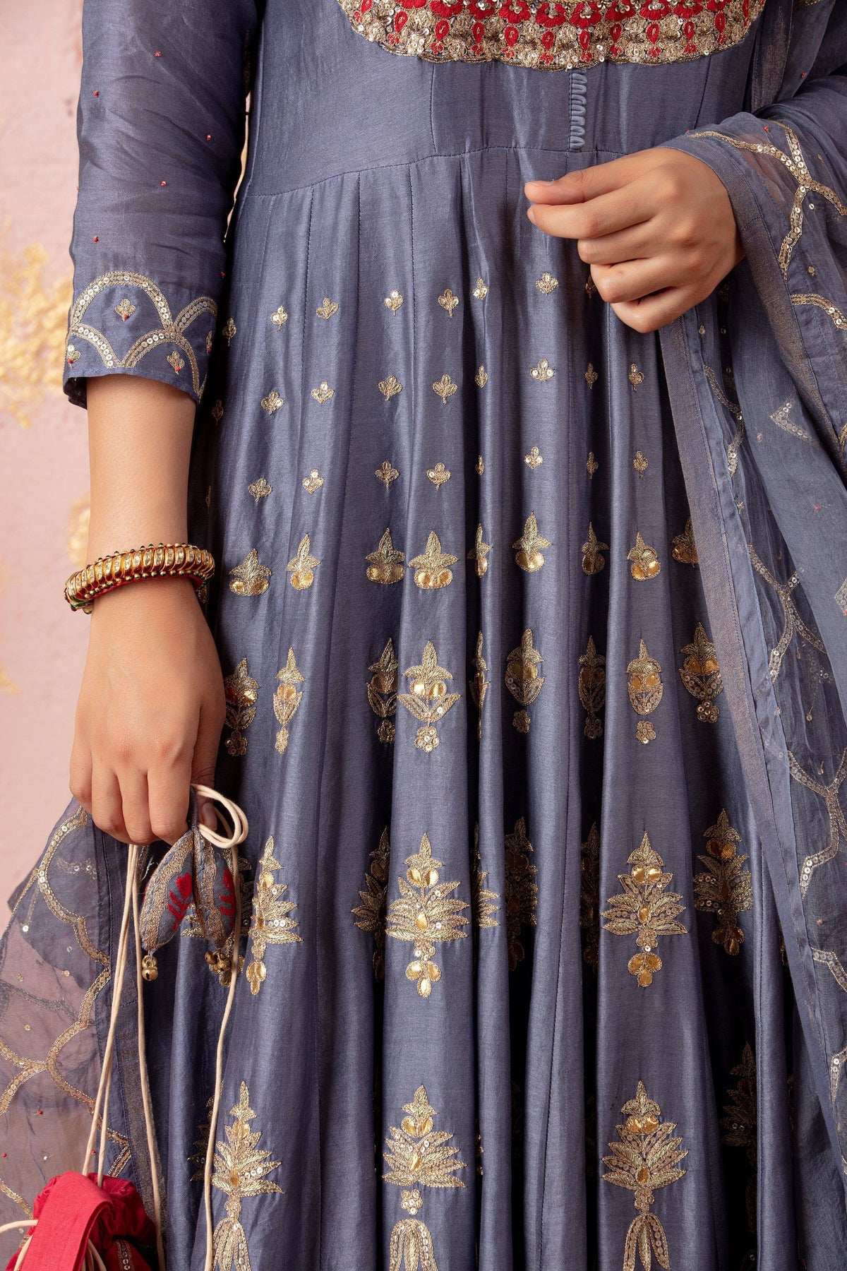 Grey Gota Anarkali With Pants And Dupatta