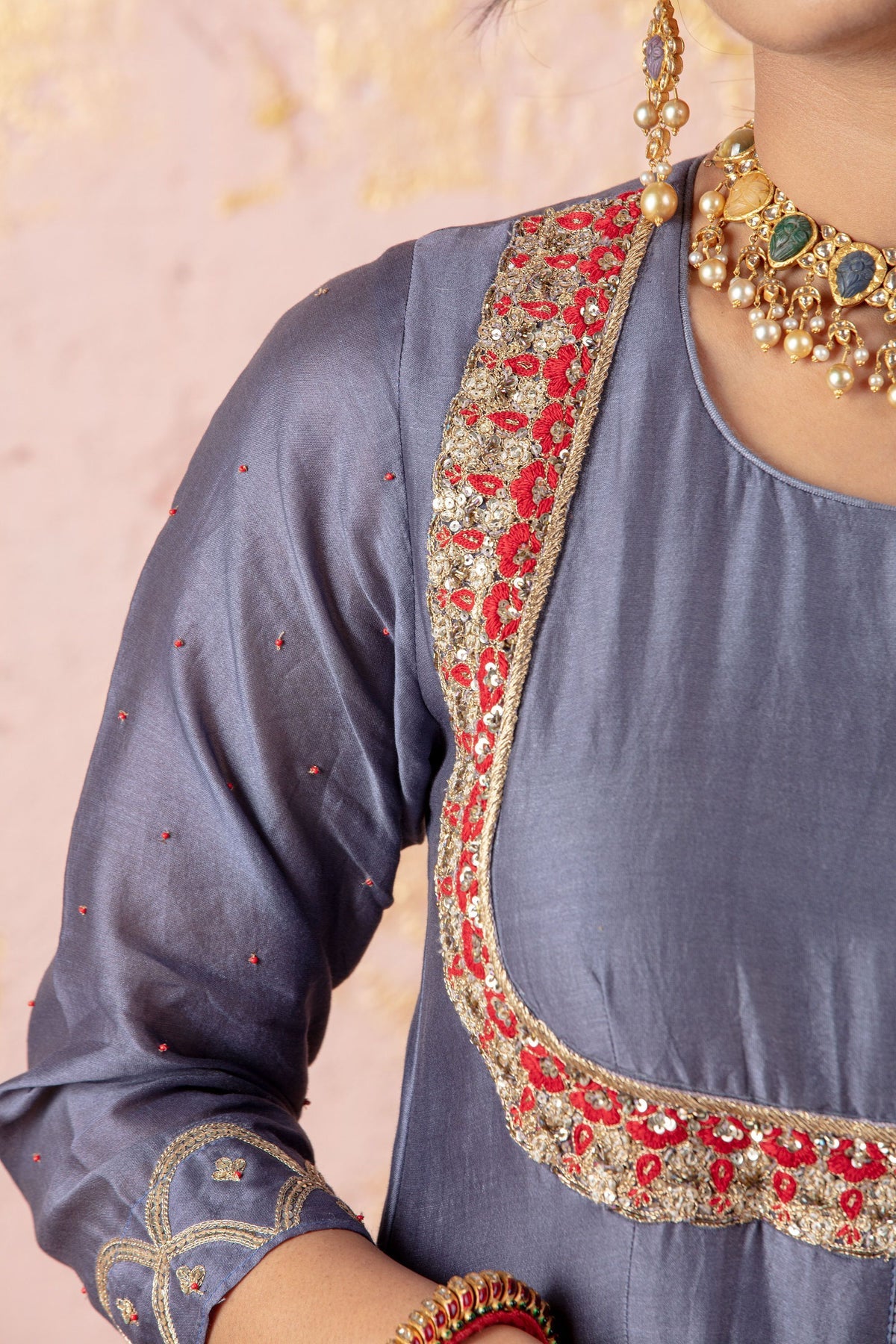 Grey Gota Anarkali With Pants And Dupatta