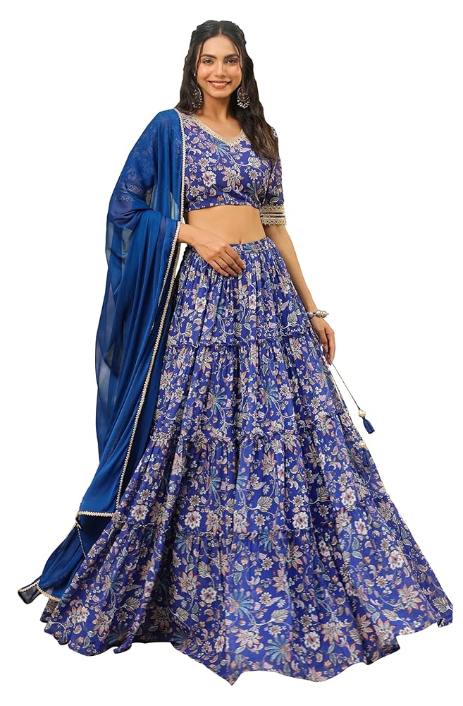 Janasya Indian Women's Flowy Printed Flared Festive Wedding Lehenga Choli with Ready to wear Stitched Blouse