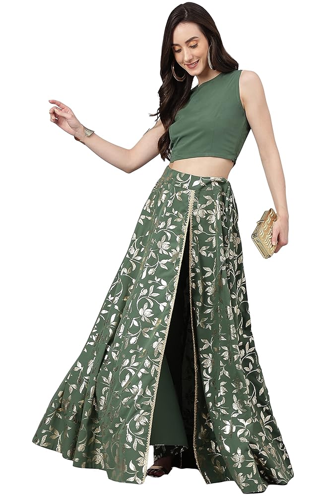 Janasya Indian Women's Green Lehenga Choli Flared Festive Wedding Lehenga Choli with Ready to wear Stitched Blouse