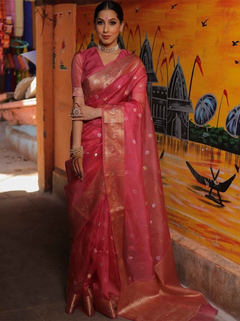 LeeliPeeri Women Designer Red Woven Design Zari Organza Kanjeevaram Saree