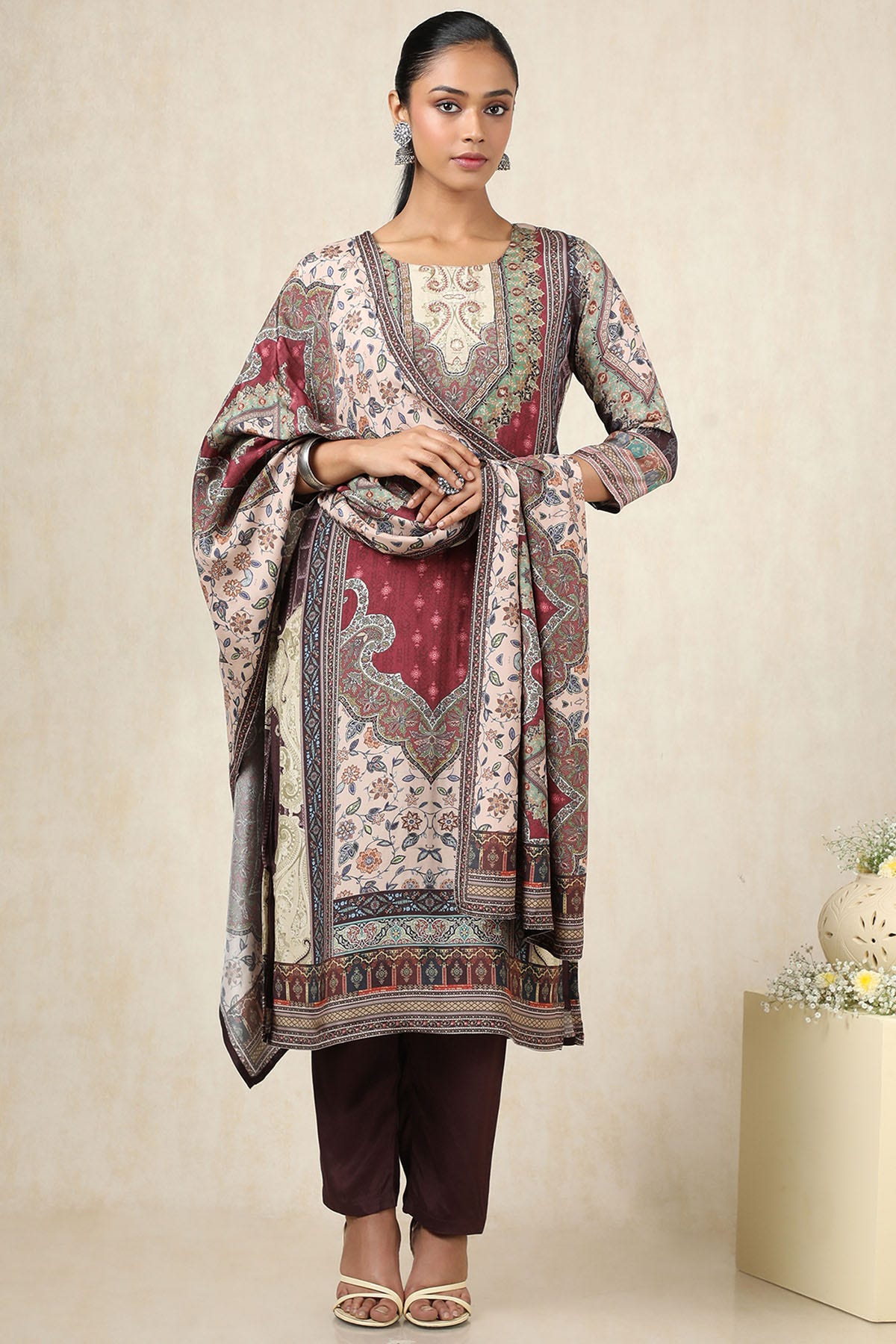 Maroon Ethnic Printed Cutdana Zari Work Suit Set With Dupatta