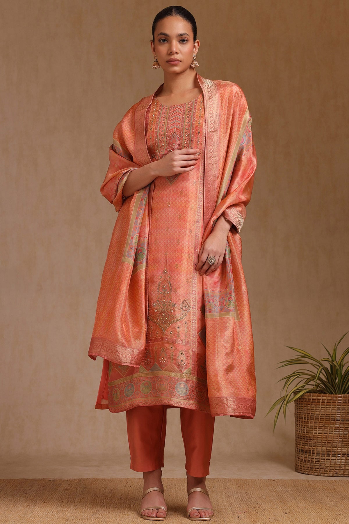 Peach Tissue Woven Design Suit Set With Cutdana