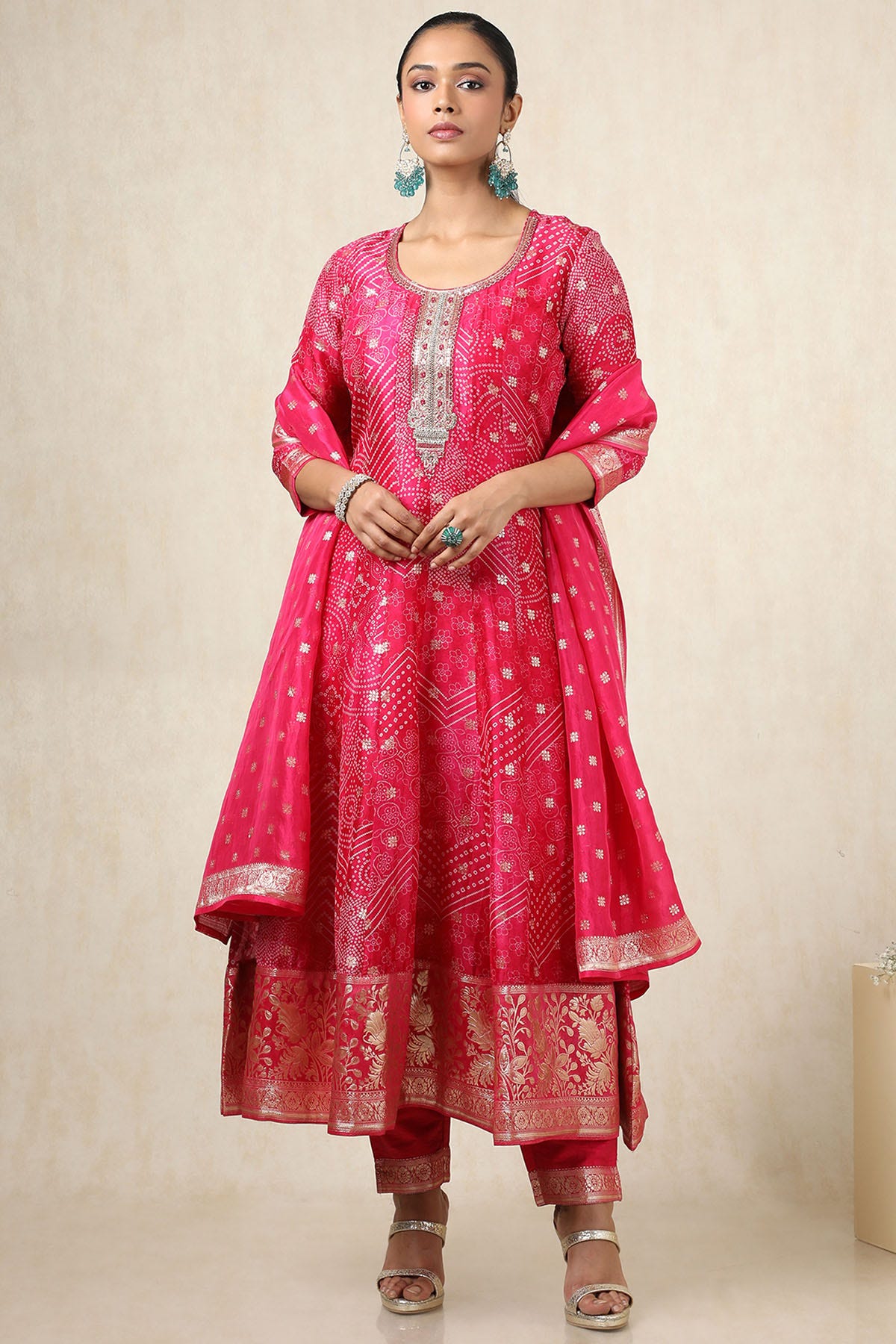 Pink Bandhani printed Embellished Salwar Suit Set With Dupatta