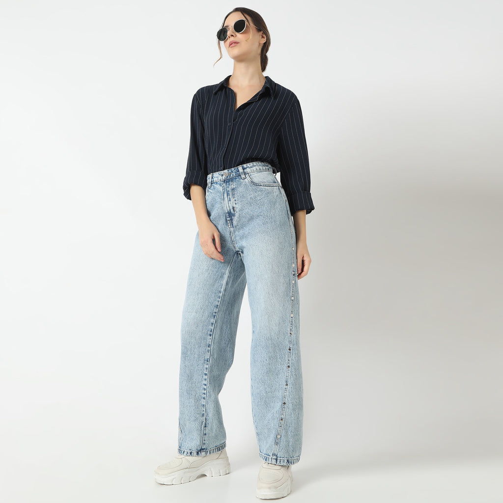 Straight Fit Full Length High Rise Light Wash Denim with Side Rivet Look Jeans