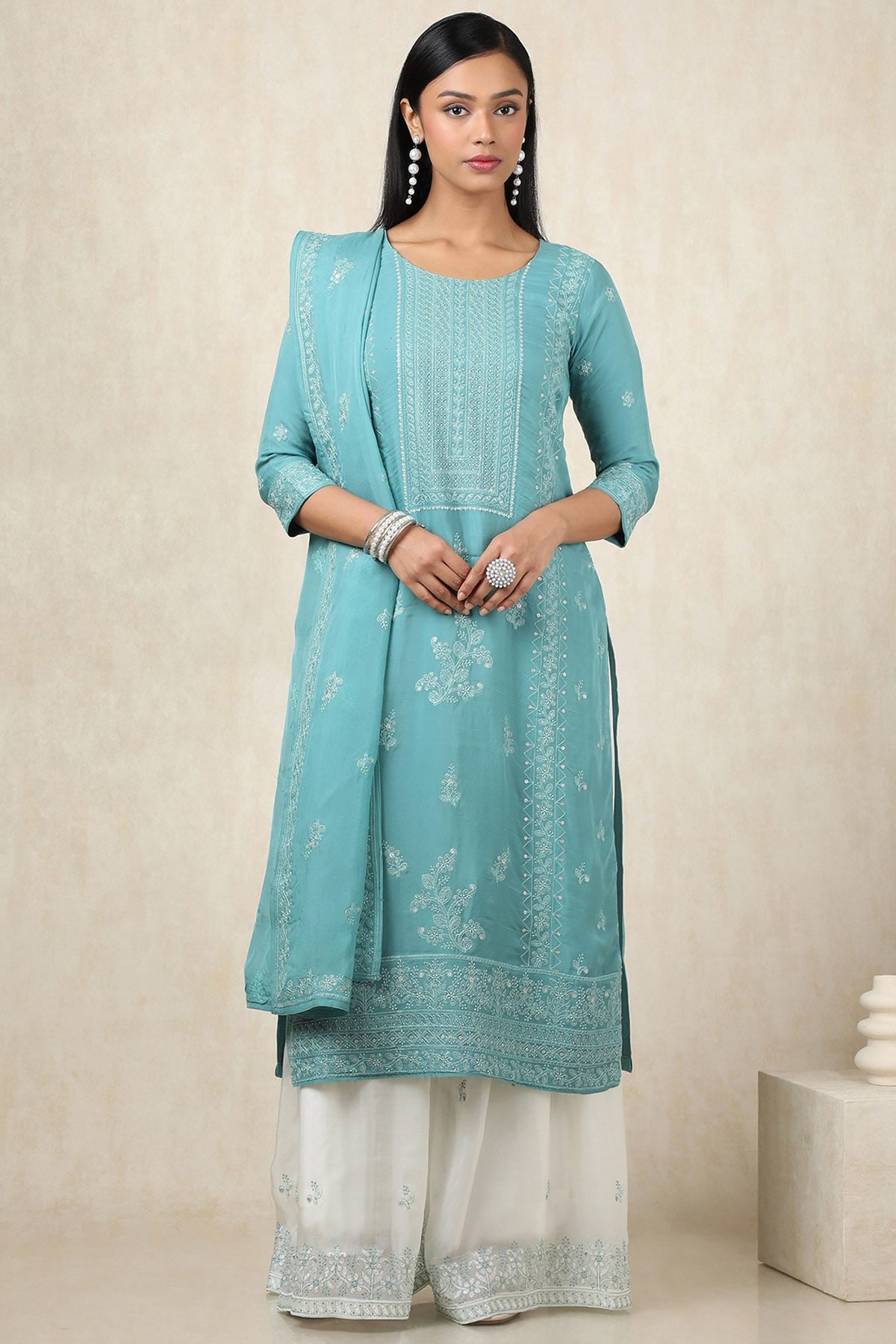 Turquoise Blue Sequined Embroidered Salwar Suite With Dupatta