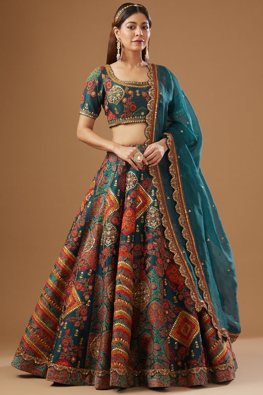 Blue Chanderi Embroidered Lehenga Set
