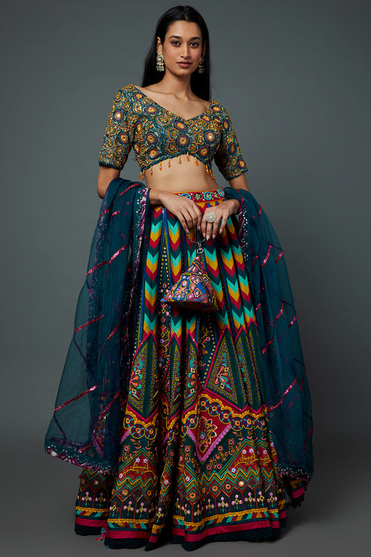 Teal Blue Raw Silk Printed & Embroidered Lehenga Set