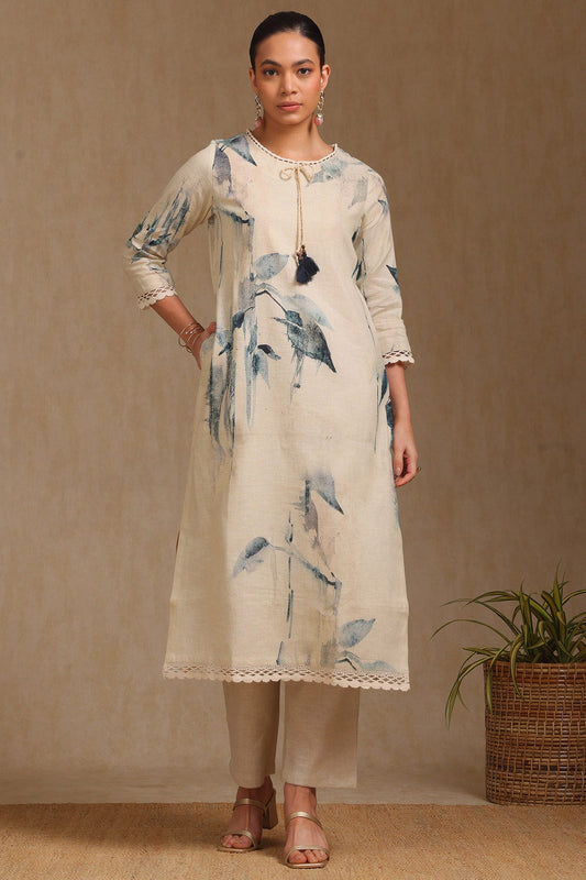 Beige Linen Botanical Print Kurta Set