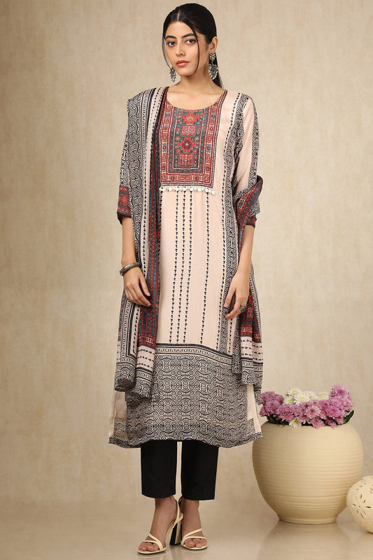 Cream Muslin Ethnic Suit Set With Sequins