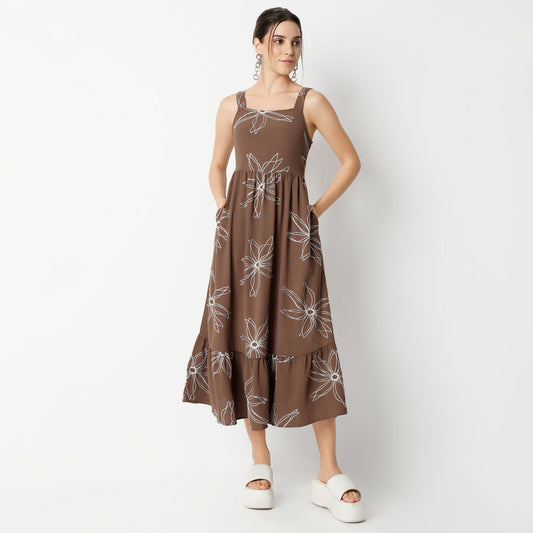 Flare Fit Embroidered Calf Length Square Neck Strap Dress