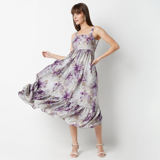 Flare Fit Printed Calf Length Square Neck Strap Dress
