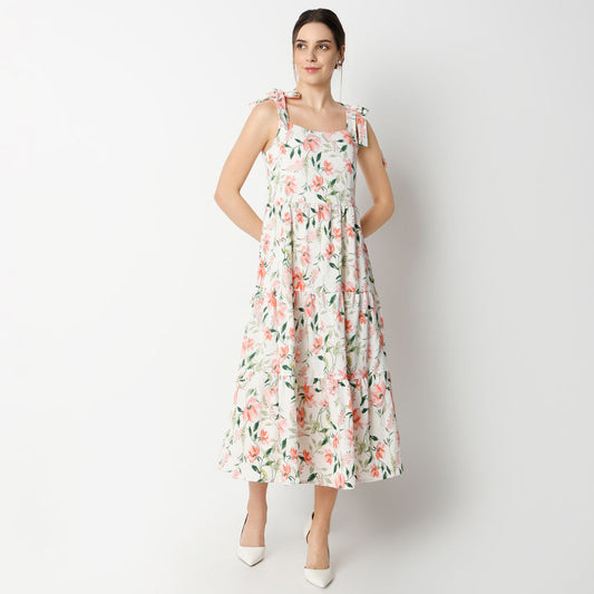 Flare Fit Printed Calf Length Square Neck Strap Shoulder Tiered Dress