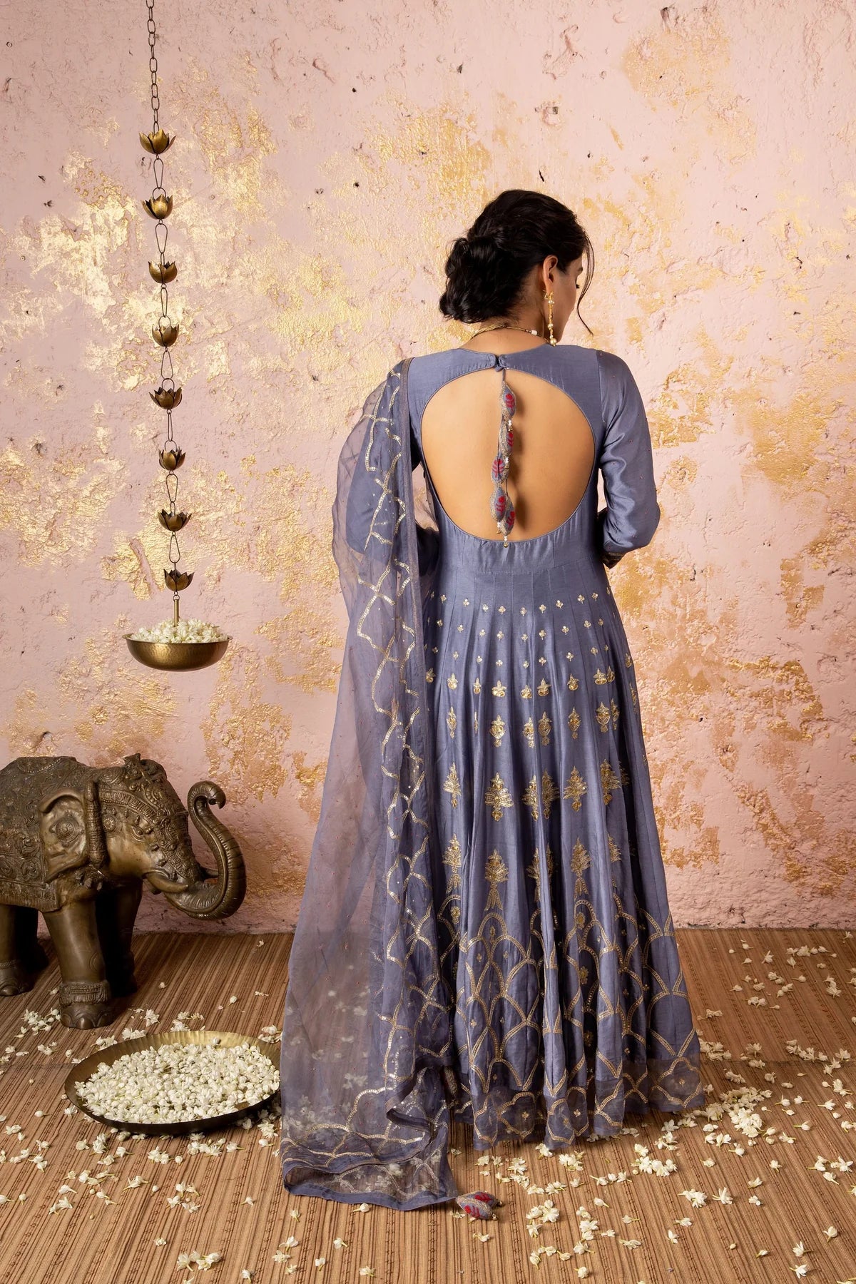 Grey Gota Anarkali With Pants And Dupatta