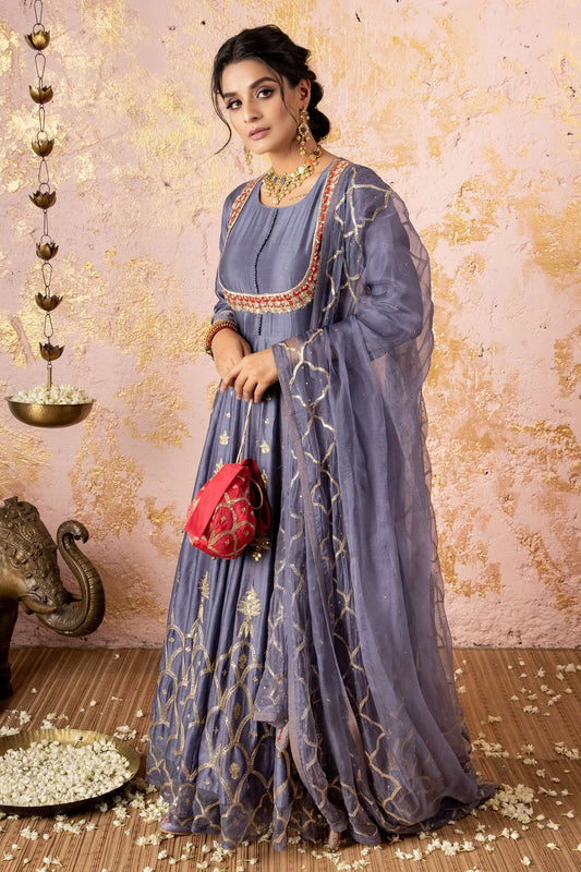 Grey Gota Anarkali With Pants And Dupatta