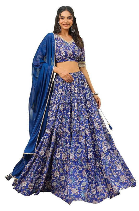 Janasya Indian Women's Flowy Printed Flared Festive Wedding Lehenga Choli with Ready to wear Stitched Blouse