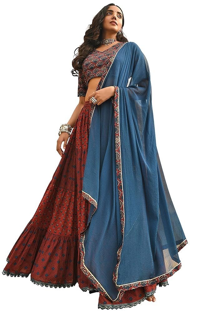 Janasya Indian Women's Maroon Pure Cotton Festive Wedding Flared Lehenga Choli for Women with Ready to wear Stitched Blouse