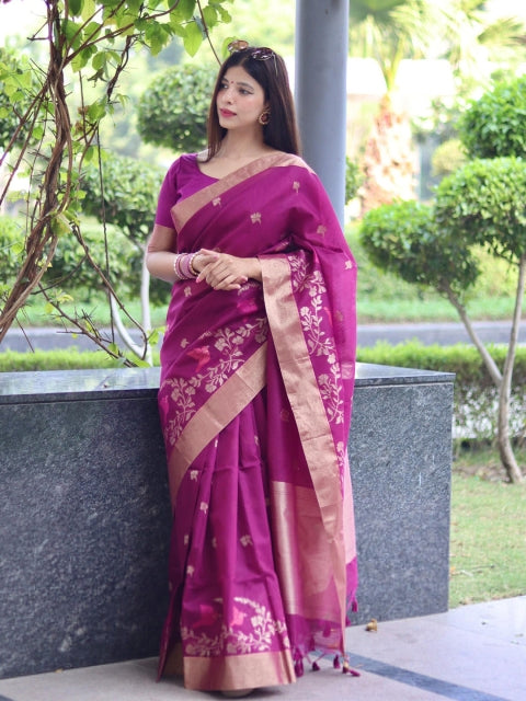 LeeliPeeri Designer Woven Design Zari Pure Linen Saree With Unstitched Blouse Piece