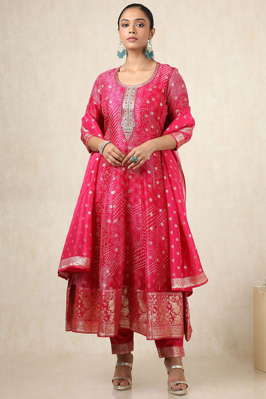 Pink Bandhani printed Embellished Salwar Suit Set With Dupatta