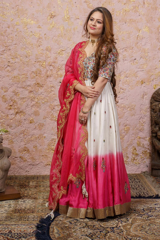 Pink & White Ombré Anarkali Set With Dupatta