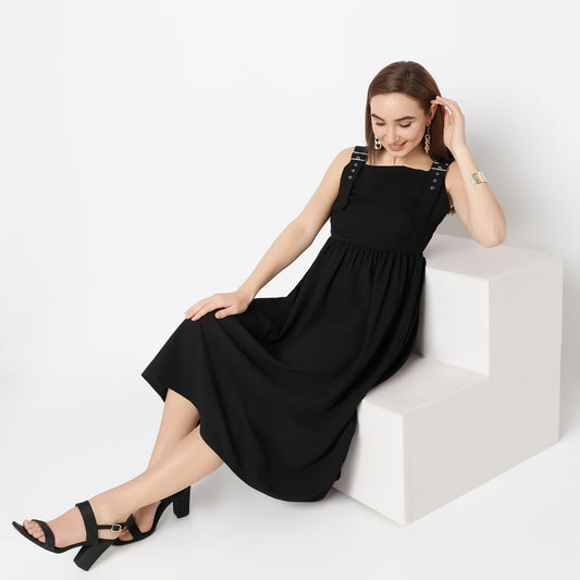 Square Neck Calf Length Solid Flare Fit Strap Dress