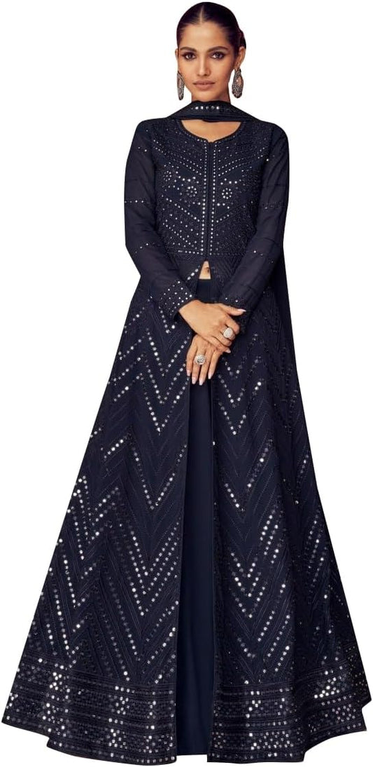 TRENDMALLS Women's Georgette Embroidery Anarklai Suit Set Kurta Lehenga with Dupatta Blue Kurta Set for Women
