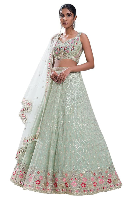 TRENDMALLS Women's Georgette Embroidery Lehenga Choli with Dupatta (L258-Pista-Semi-Stitch)