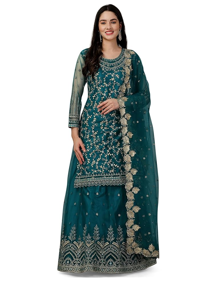 TRENDMALLS Women's Mono Net Kurta Lehenga Suit Set Indian Pakistani Ethnic Wear