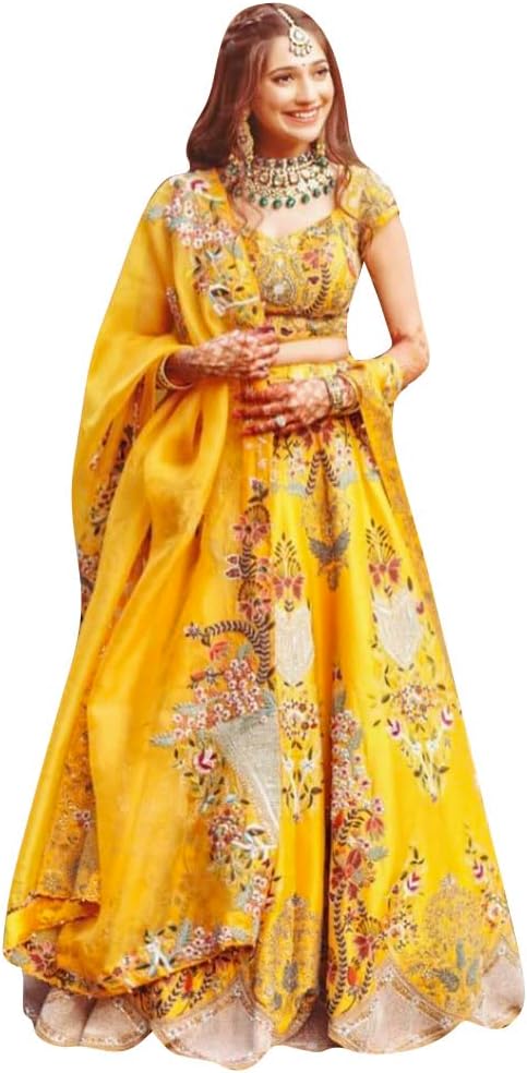 TRENDMALLS Women's Satin Embroidery Work Lehenga Choli With Dupatta-L103-Yellow(Wedding-Bridal-Latest-Lehenga-Choli_Free Size)