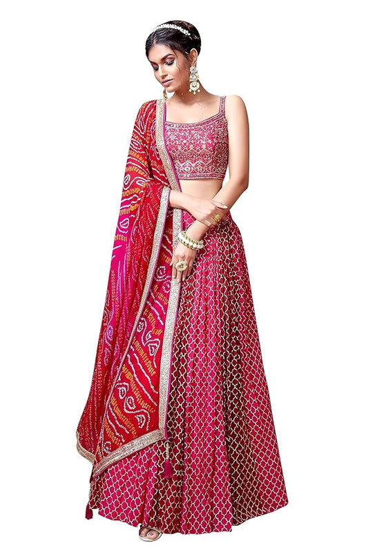 TRENDMALLS Women's Satin Embroidery Work Semi-Stitched Lehenga Choli With Dupatta-L105-Pink(Wedding-Bridal-Latest-Lehenga-Choli_Free Size)