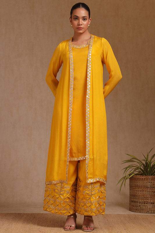 Yellow Chiffon Solid Co-Ord Set With Zari